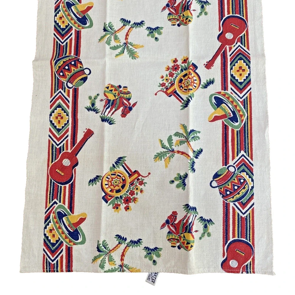 Vintage Startex Mills Cotton Linen Tea Towel Beige Red Blue Southwestern Print